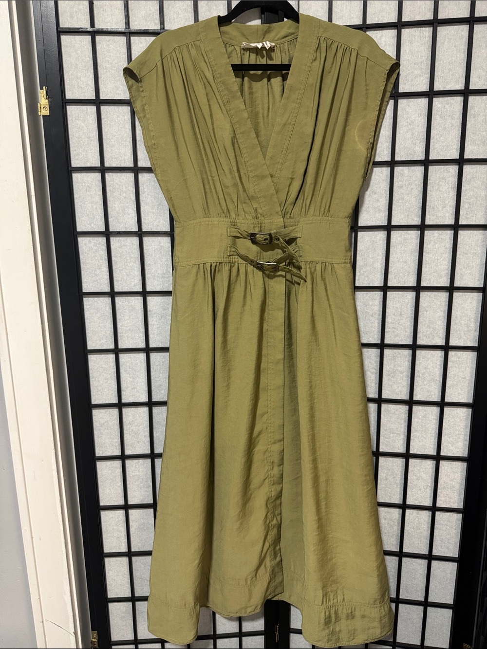 ba&sh Dove Olive Green Wrap Midi Dress with Double Buckle Waist - Picture 5 of 16